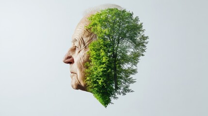 An artistic double exposure of a senior man and lush green trees, symbolizing wisdom and the connection to nature.