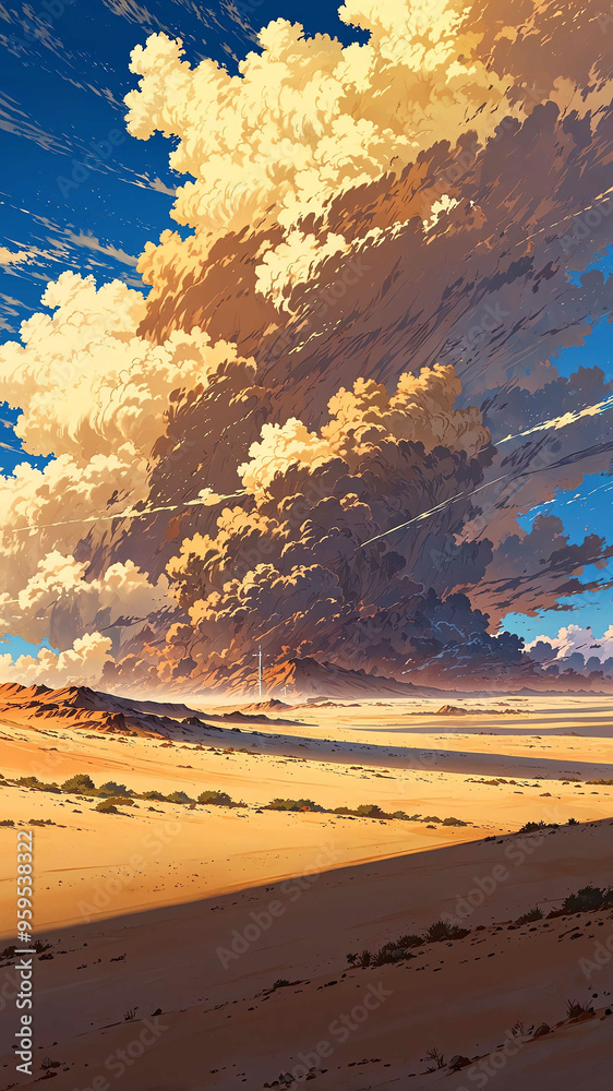 Poster anime heavy winds sweeping across barren desert background art design backdrop