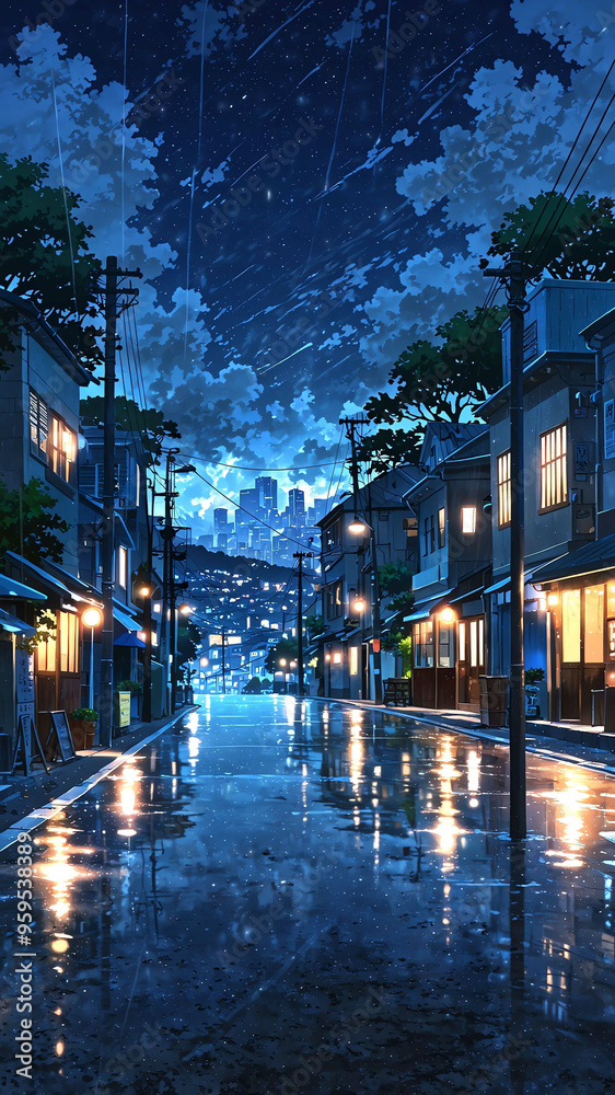 Poster anime light drizzle falling in sleepy harbor town background art design backdrop