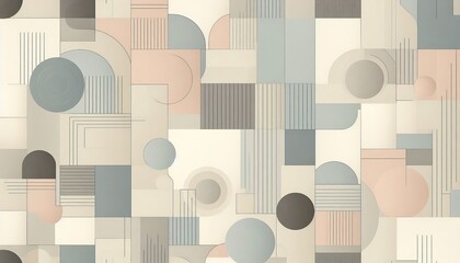 Abstract geometric pattern with circles, squares, and rectangles in muted colors.