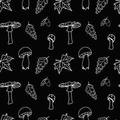 Seamless pattern with mushrooms and leaves