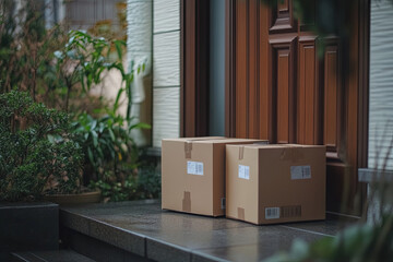 Contactless delivery service during quarantine. Two carton boxes delivered and left outside the entrance door