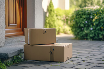 Contactless delivery service during quarantine. Two carton boxes delivered and left outside the entrance door