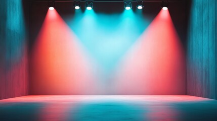 Vibrant stage lights illuminate a minimalist space, creating an energetic atmosphere ideal for performances and events.