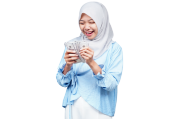 Smiling hijab asian woman counting money isolated transparent