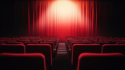Fototapeta premium A vibrant stage with red curtains and empty seats, creating an inviting atmosphere for performances and audiences.