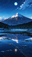 Fototapeta premium anime moonlight reflecting off snowy mountain peaks background art design backdrop