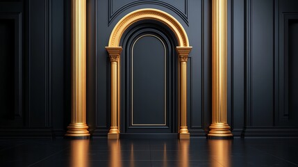 Naklejka premium Elegant golden archway against a dark wall, creating a luxurious and sophisticated atmosphere for interior design.