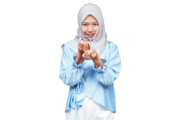 Smiling hijab asian woman counting money isolated transparent