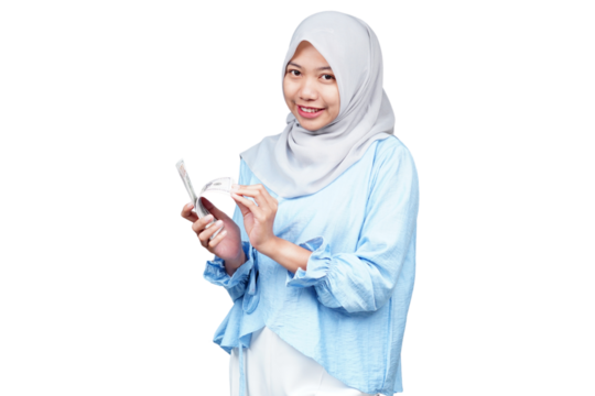 Smiling hijab asian woman counting money isolated transparent