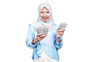 Smiling hijab asian woman counting money isolated transparent