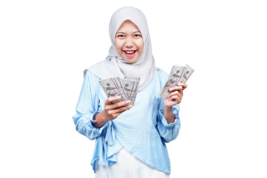 Smiling hijab asian woman counting money isolated transparent