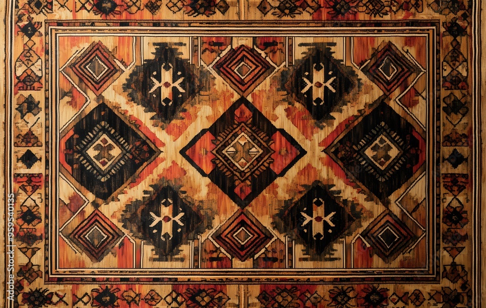 Wall mural 11. **full-size tribal rug design with a seamless array of repeating, symmetrical patterns**