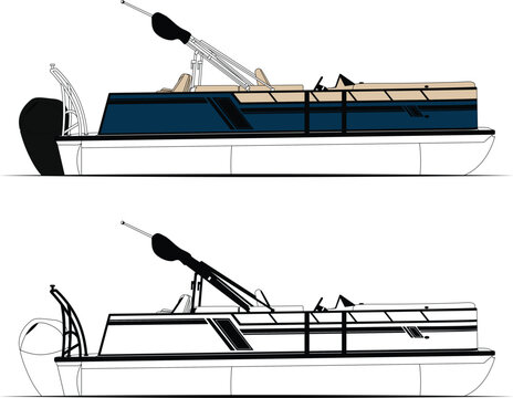 pontoon boat side view, blue and white clip art preview