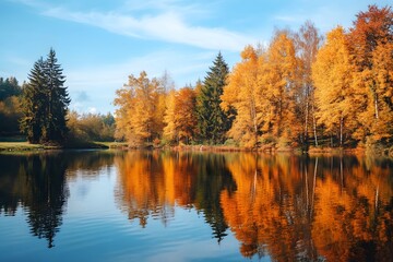 Fototapeta premium Colorful autumn foliage reflecting on a tranquil lake in a serene landscape. Generative AI