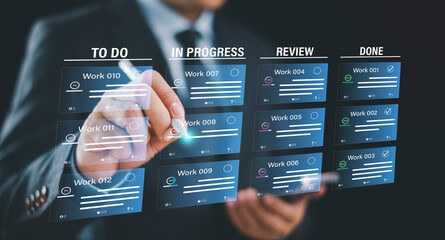 Agile project management, software integration development. Kanban or scrum methodology board screen. Task process fast change concept, developer workflow, visual organization tools and framework