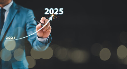 2024 new year opportunity concept. Business start up, target, goal action plan success growth, market trend 2023-2024. Annual plan development. Businessman, increase arrow challenge business strategy