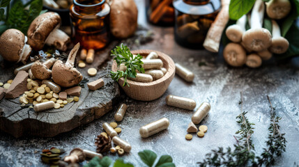 Fototapeta premium Natural supplements, mushrooms, herbal remedies, and capsules are beautifully arranged on rustic surface, evoking sense of wellness and nature.