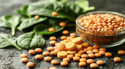 Obraz premium Yellow tablets and fresh spinach leaves are arranged on textured surface, showcasing healthy lifestyle.