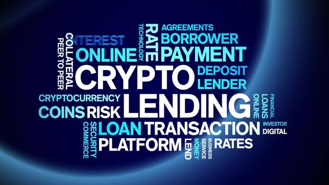 Crypto Lending animated word cloud;text design animation tag kinetic typography seamless loop.