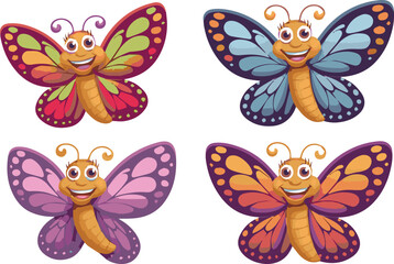 vector illustrations of a whimsical cartoon butterfly character with vibrant on a white background.