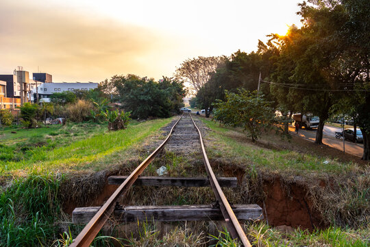 Marilia, Sao Paulo, Brazil. September 3, 2024. Old deactivated railway line, with abandonment and erosion in the city