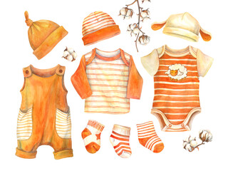 Baby clothes set. Cotton garments for Infant kids. Bright orange and white bodysuit and overall for boy or girl. Colorful socks and funny hats with ears for newborn. Hand drawn watercolor illustration
