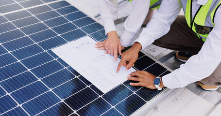 Solar panel, blueprint and hands of people in city for planning, installation or maintenance....