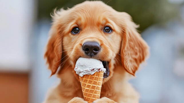 Golden Retriever Puppy Enjoying A Delicious Ice Cream Cone.  A Cute And Adorable Image Perfect For Summer Or Dog-Themed Projects.