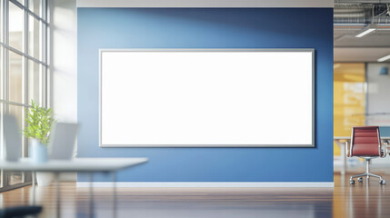 Blank Billboard Mockup In A Modern Office Interior. A Blank Billboard Is Mounted On A Blue Wall In A Bright, Modern Office Space.