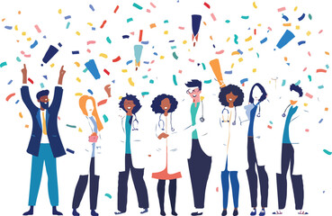 mixture of male and female med students celebrating Match Day, flat illustration, white background
