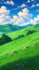 Obraz premium anime warm breeze blowing through grassy hills background art design backdrop