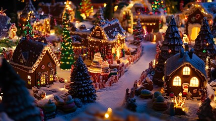 Fototapeta premium A festive gingerbread wonderland filled with cookie houses, candy cane fences, and trees made of cotton candy, all illuminated by glowing gumdrop lights