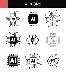 Obraz premium AI Artificial Intelligence Processor Chip and Human Brain Iconset Symbol