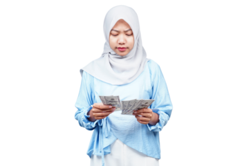 Unhappy hijab asian woman counting money isolated transparent