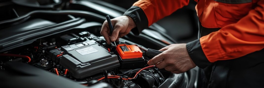 A mechanic is focused on maintaining a car's electric battery, carefully connecting wires and checking systems for efficient performance while in the garage