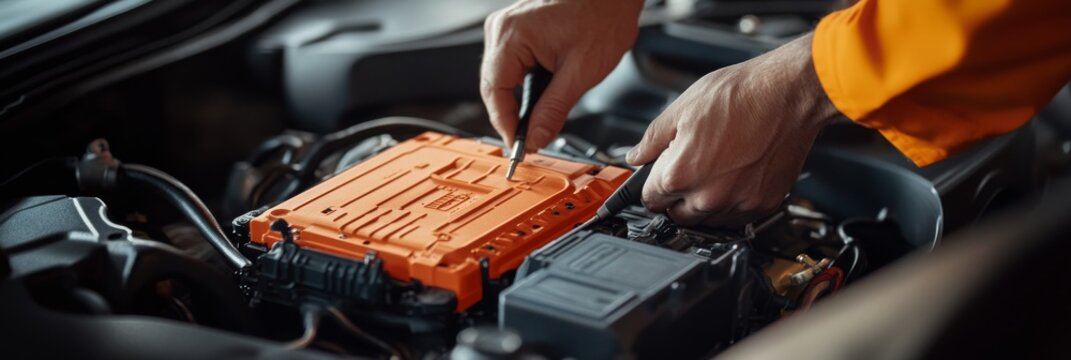 A skilled mechanic focuses on removing and inspecting an electric battery while working under the car's hood, showcasing expertise and attention to detail