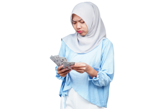 Unhappy hijab asian woman counting money isolated transparent