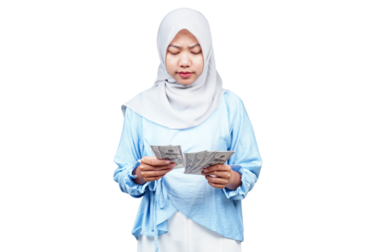 Unhappy hijab asian woman counting money isolated transparent