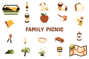 Family Picnic Flat Vector Illustration Icon Sticker Set Design Materials
