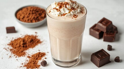 Chocolate milkshake with whipped cream and chocolate pieces on a white background.