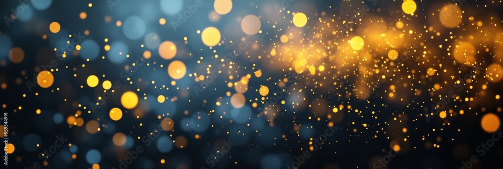 Poster yellow particles float softly in a blurred space, illuminated against a dark backdrop, forming an en
