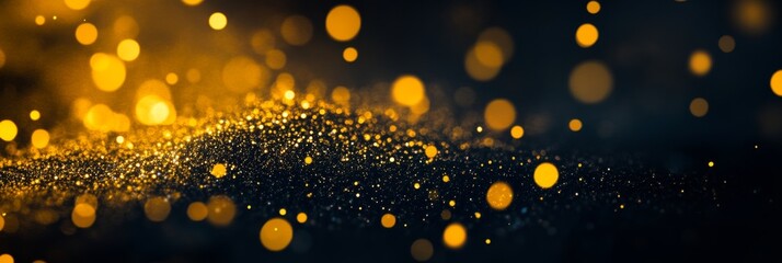 Glowing yellow particles drift gracefully in a dark environment, creating a mesmerizing bokeh effect that captures the viewer’s attention with its ethereal beauty