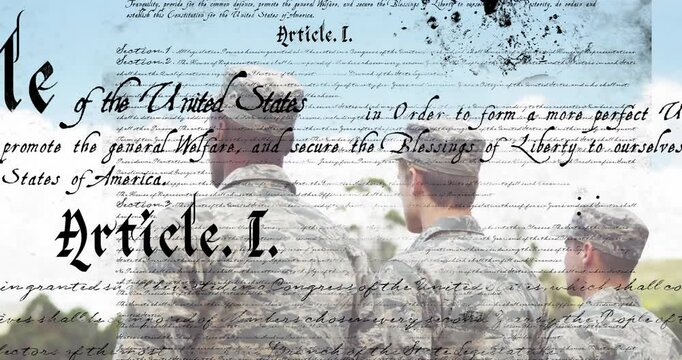 Military personnel standing, Constitution text animation over blue sky background