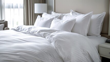 A bed with white pillows and a made-up bed in a hotel. Clean bed.