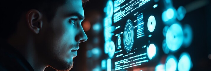 The hacker examines glowing interfaces filled with complex data in a dimly lit, high-tech environment, immersed in a world of cybersecurity and digital exploration