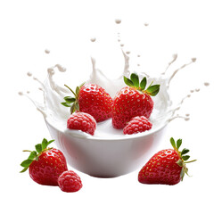 Fresh strawberries and raspberries splash into a bowl of milk, creating a vibrant and dynamic scene of deliciousness.