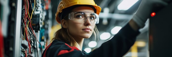 A skilled female electrician, dressed in safety gear, concentrates on connecting wires in a fuse box, demonstrating her technical ability in a bustling commercial environment