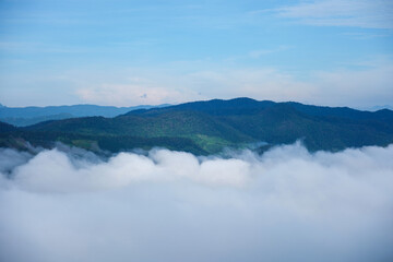 Obraz premium Landscape image of greenery mountains with sea of clouds and blue sky