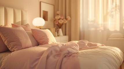 a close view of the bedroom in a modern cozy soft interior in warm delicate pastel pink and beige colors